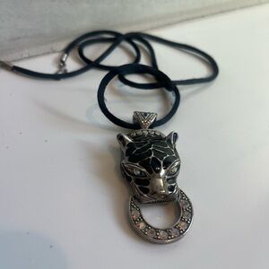 Vintage Black Panther Cat Head Rhinestone Door Knocker Pendant Necklace